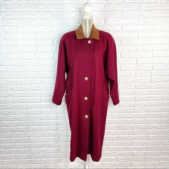 Vintage Jofeld Long Wool Coat Overcoat Burgundy Tan Suede Collar Size Large - Picture 1 of 8